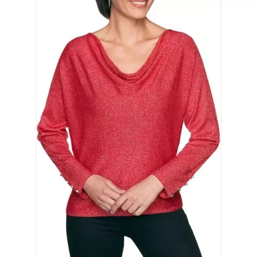 Ruby Rd. Paint the Town Red Long Sleeve Drape Neck Top Women's Size Medium